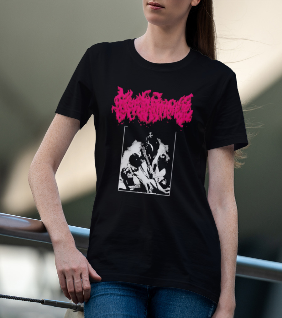 Gorehammer Graphic In Pink Gothic Font With Monochrome Horror Scene T-Shirt