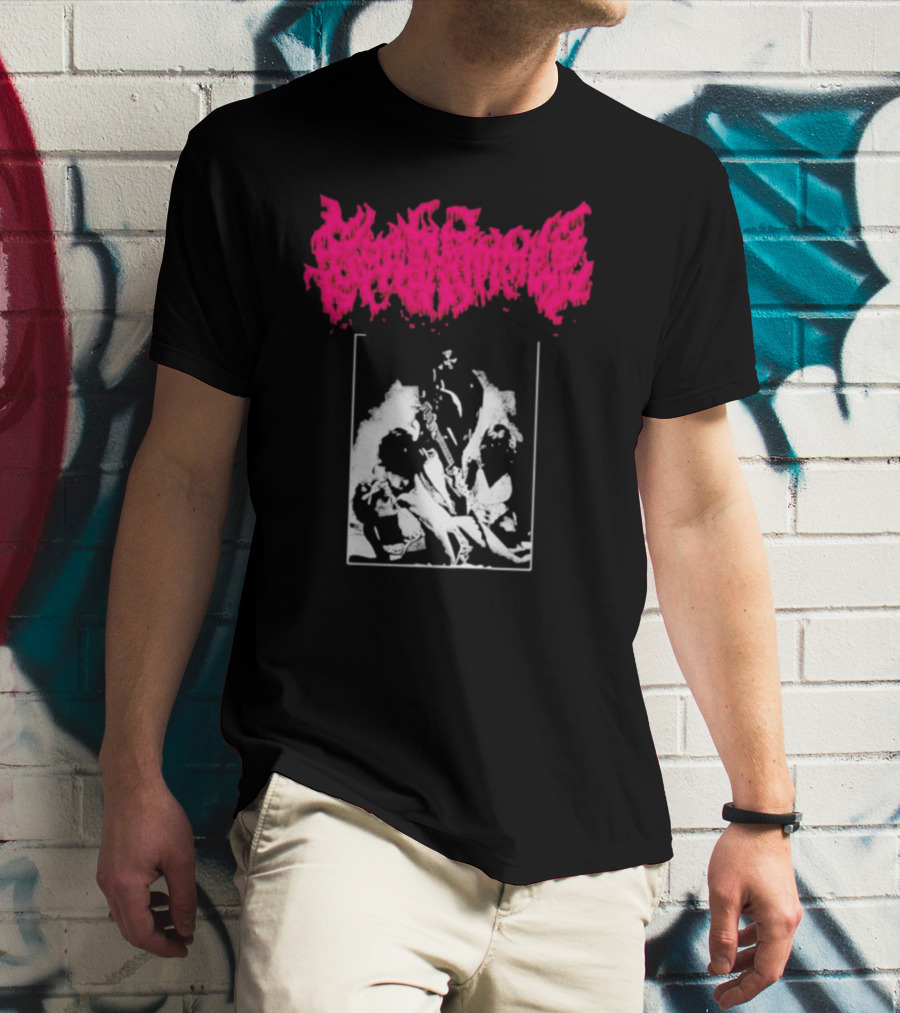 Gorehammer Graphic In Pink Gothic Font With Monochrome Horror Scene T-Shirt
