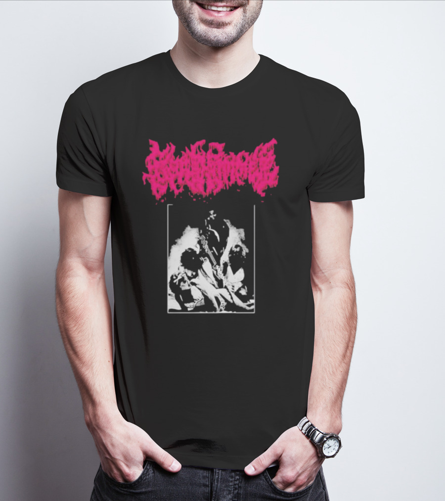 Gorehammer Graphic In Pink Gothic Font With Monochrome Horror Scene T-Shirt
