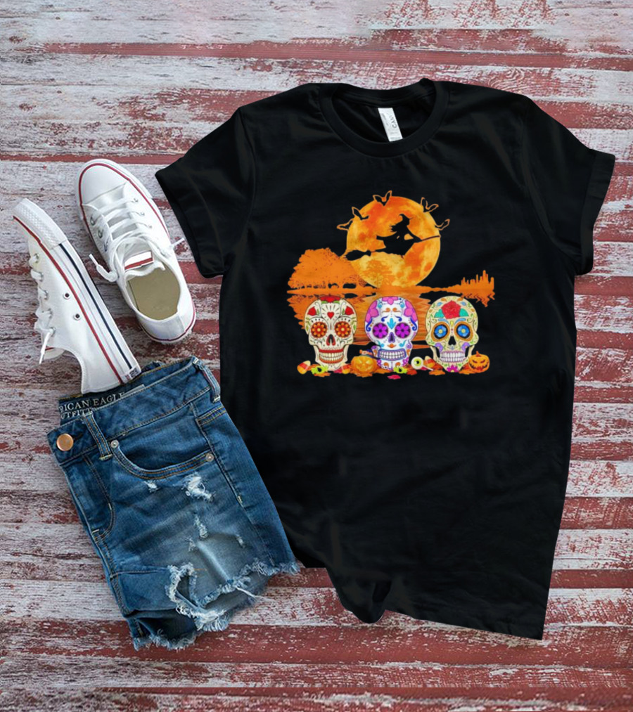 Halloween Witch Sugar Skulls Red Moon Scenic Night T-Shirt