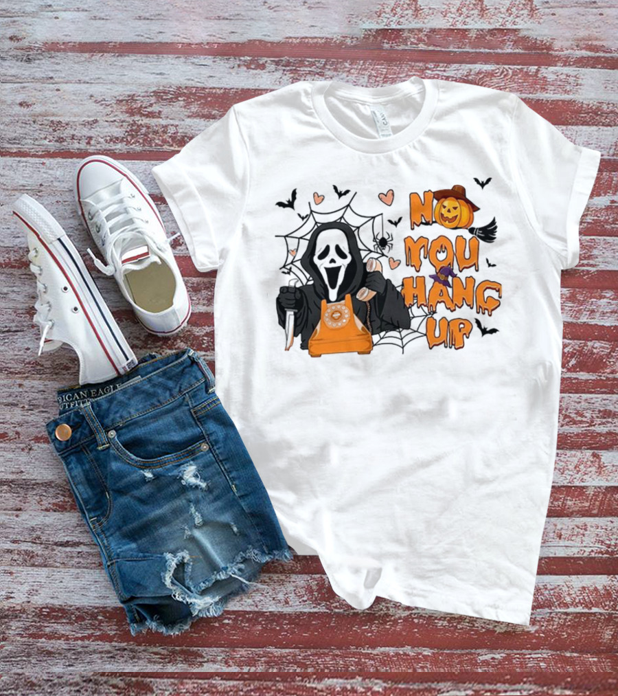 No You Hang Up Ghost With Pumpkin Phone Halloween Bats And Cobwebs T-Shirt