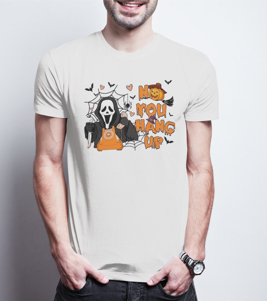 No You Hang Up Ghost With Pumpkin Phone Halloween Bats And Cobwebs T-Shirt