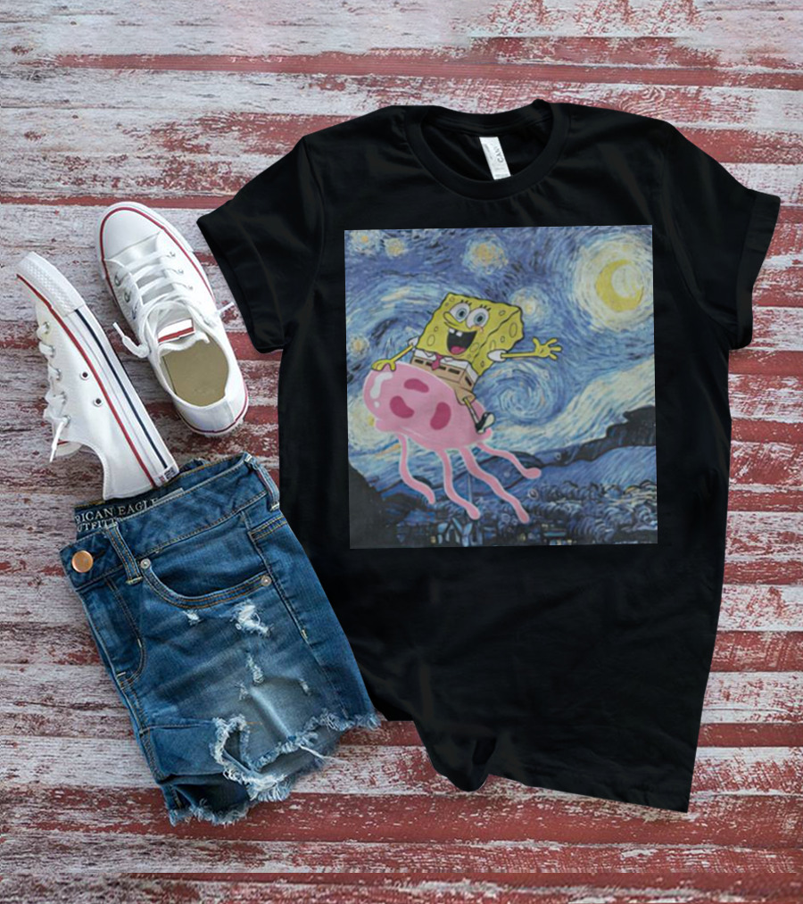 SpongeBob SquarePants Jellyfishing Van Gogh Starry Night Crossover T-Shirt