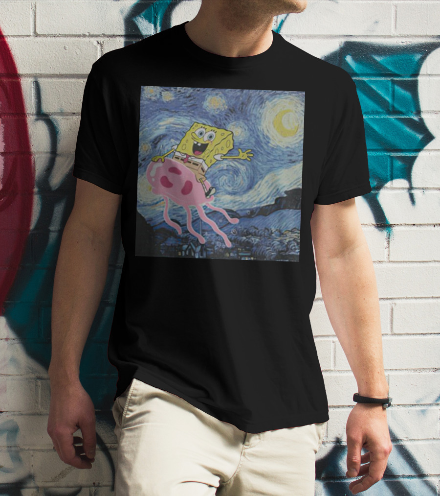 SpongeBob SquarePants Jellyfishing Van Gogh Starry Night Crossover T-Shirt