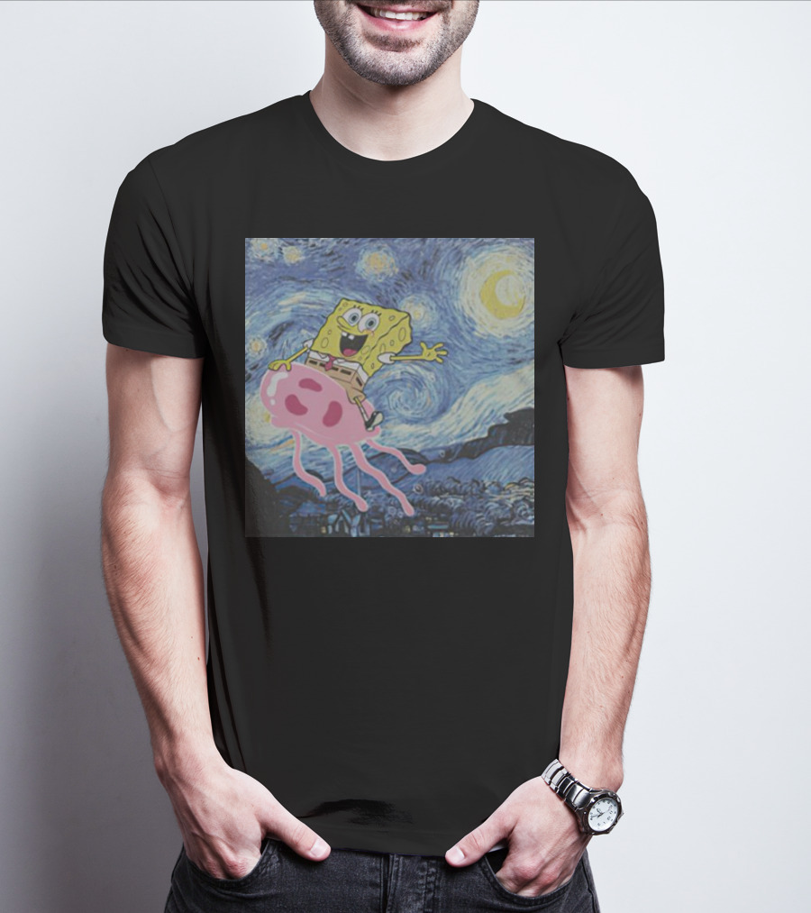 SpongeBob SquarePants Jellyfishing Van Gogh Starry Night Crossover T-Shirt