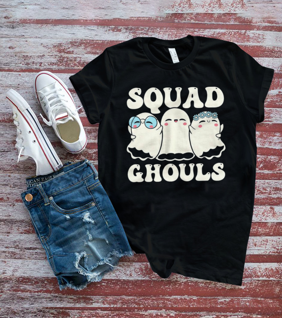 Squad Ghouls Halloween Cute Ghosts With Glasses And Flowers T-Shirt