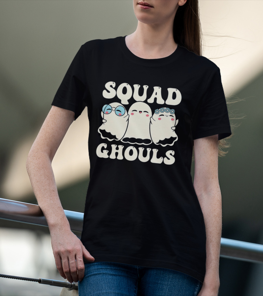 Squad Ghouls Halloween Cute Ghosts With Glasses And Flowers T-Shirt