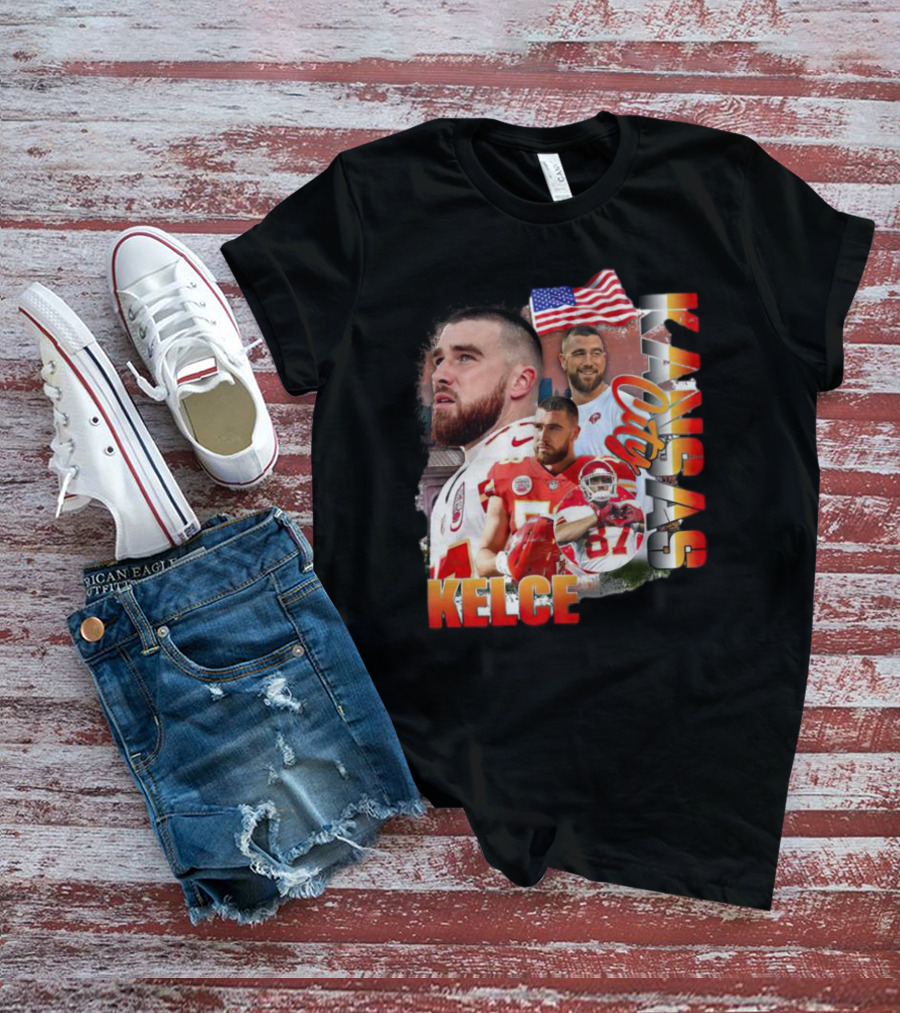 Kelce Kansas City Chiefs Collage With American Flag T-Shirt