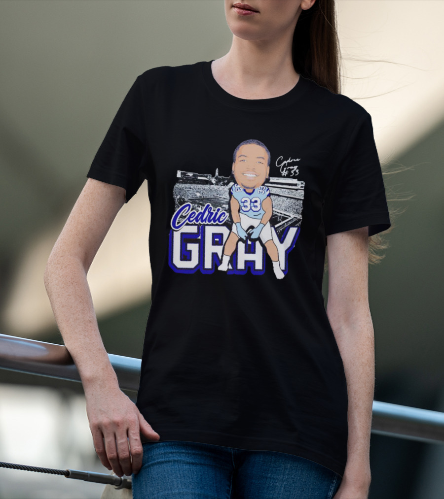Cedric Gray #33 Caricature Football Stadium Signature T-Shirt
