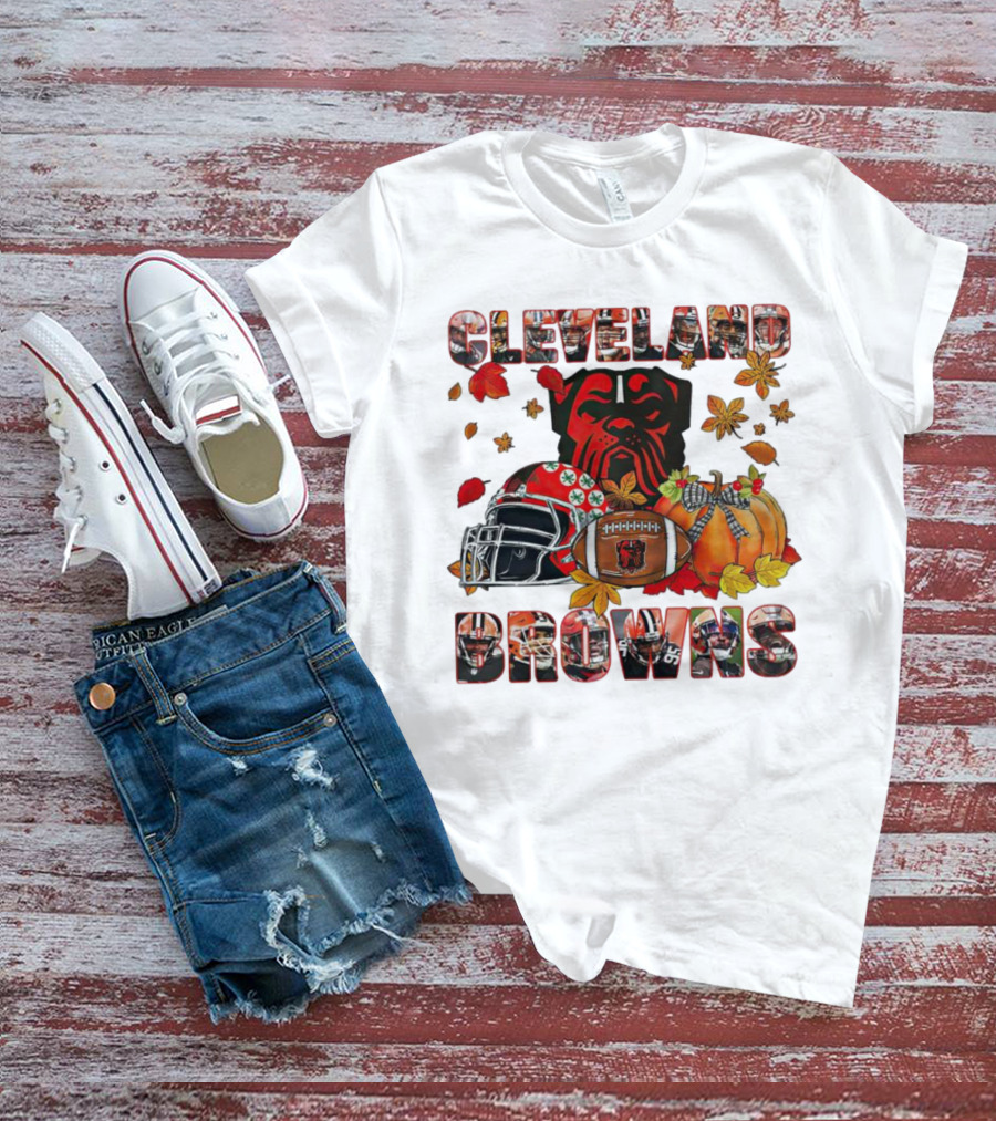 Cleveland Browns Fall Helmet Pumpkin Leaves Football Dog T-Shirt