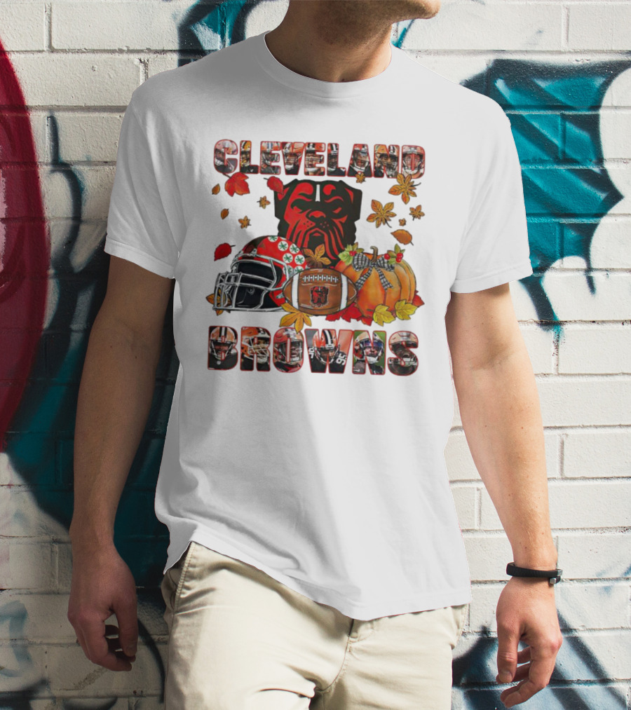 Cleveland Browns Fall Helmet Pumpkin Leaves Football Dog T-Shirt