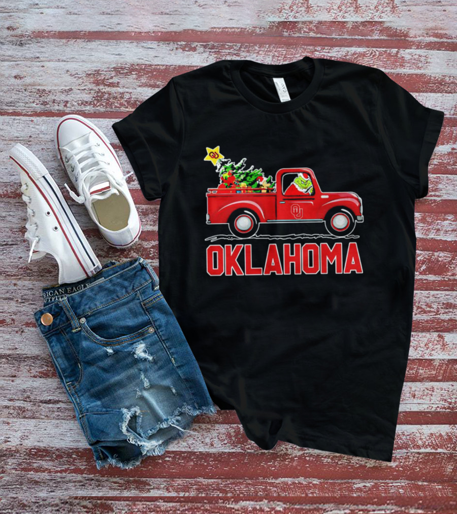 Grinch Driving Red Truck With Christmas Tree And Oklahoma Sooners T-Shirt