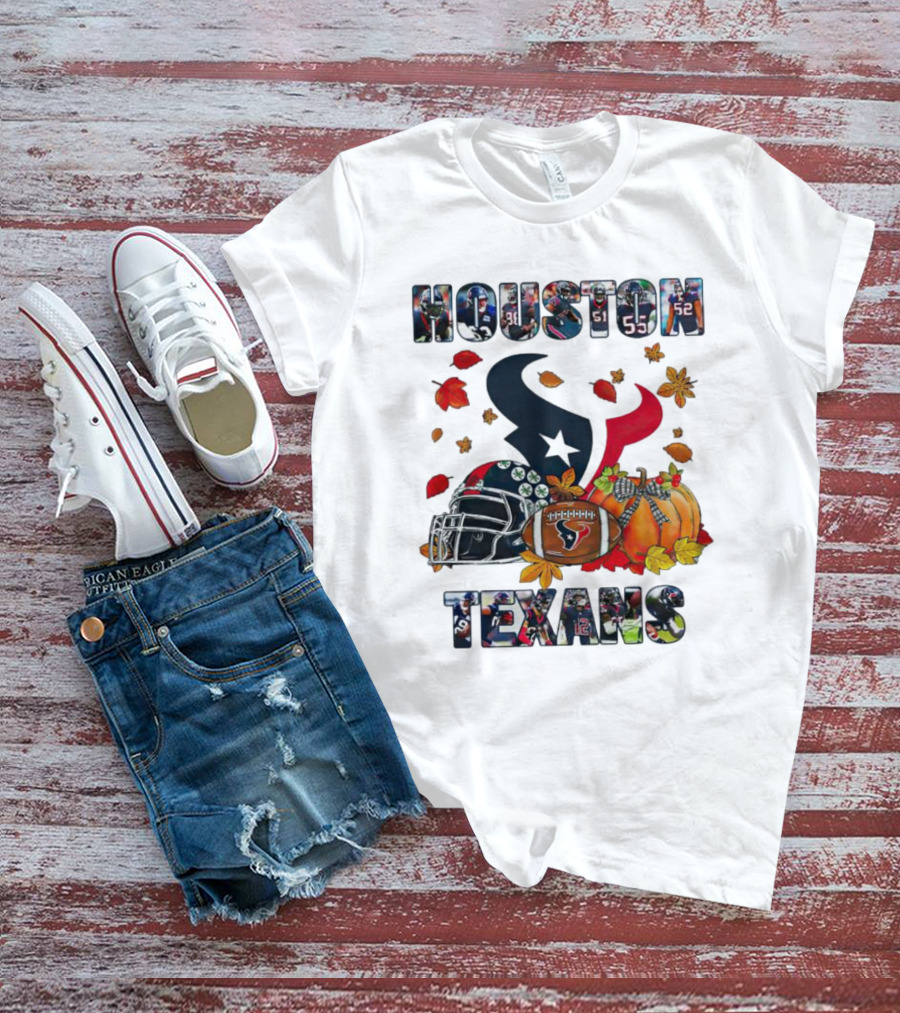 Houston Texans Football Helmet Pumpkin Autumn Leaves T-Shirt