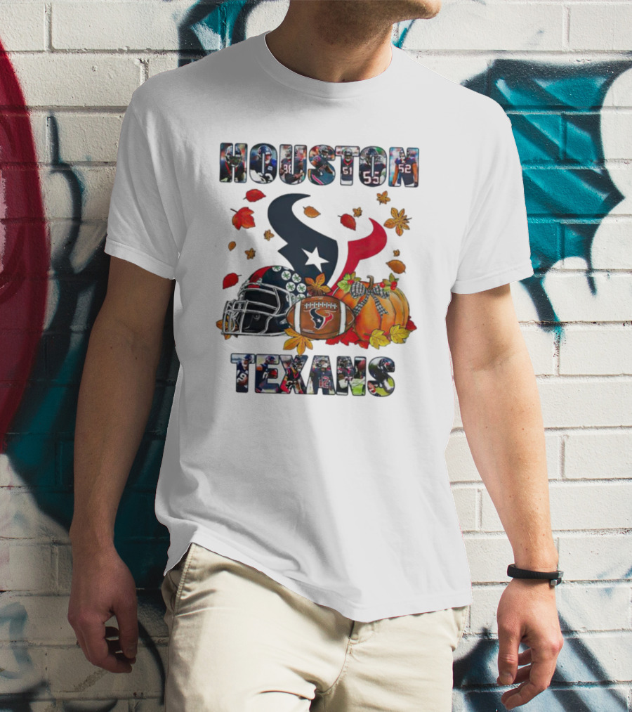 Houston Texans Football Helmet Pumpkin Autumn Leaves T-Shirt