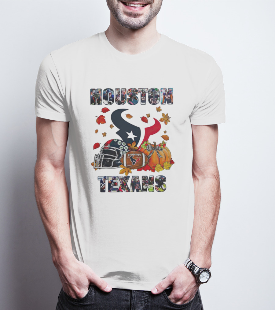 Houston Texans Football Helmet Pumpkin Autumn Leaves T-Shirt