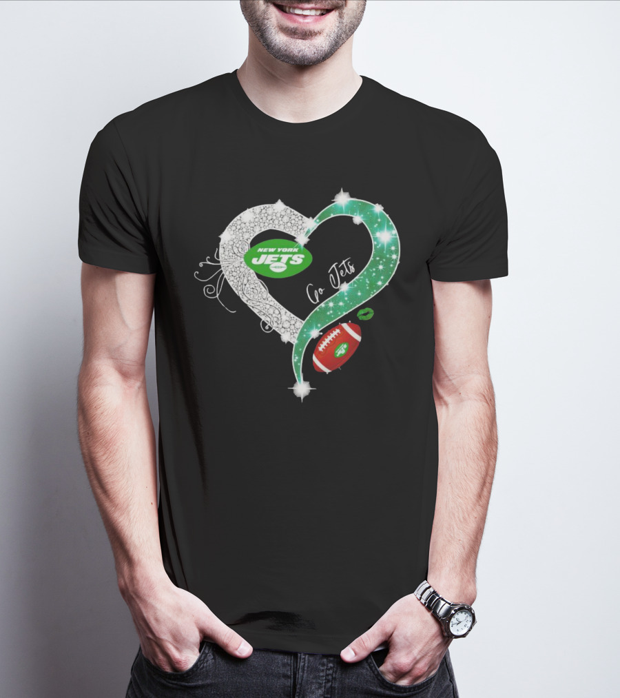 New York Jets Go Jets Diamond Heart Green Football Sparkle T-Shirt