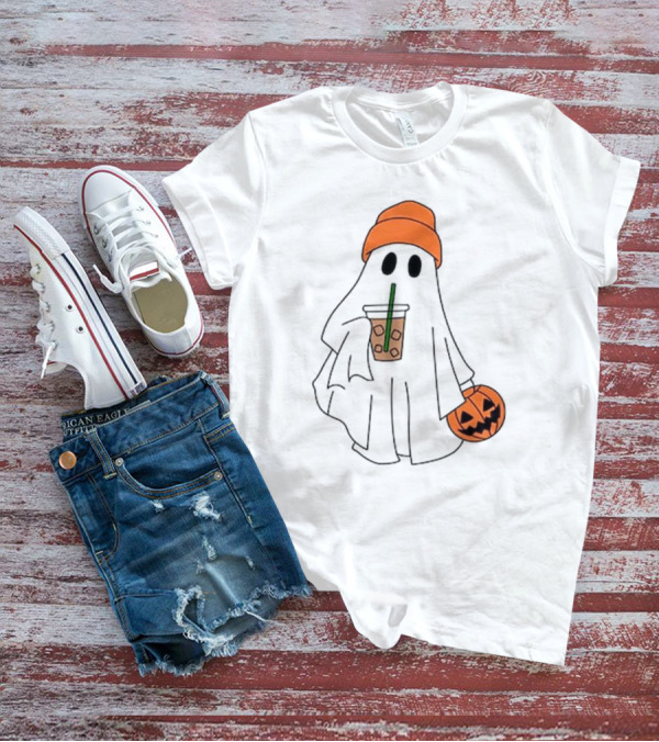 Cute Ghost Drinking Ice Coffee With Pumpkin Hat T-Shirt