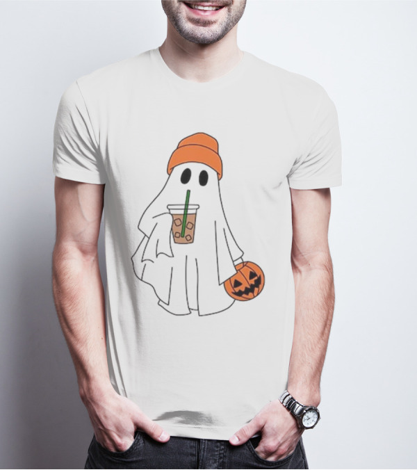 Cute Ghost Drinking Ice Coffee With Pumpkin Hat T-Shirt