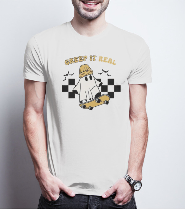 Creep It Real Retro Halloween Ghost Skateboard Bats T-Shirt