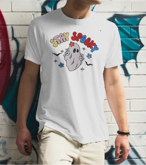 Stay Spooky Ghost With Flowers And Peace Signs T-Shirt