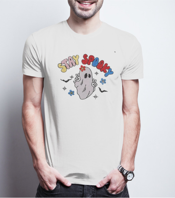Stay Spooky Ghost With Flowers And Peace Signs T-Shirt