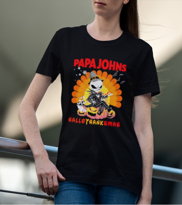 Papa Johns Jack Skellington Halloween HalloThanksMas Turkey Pizza T-Shirt