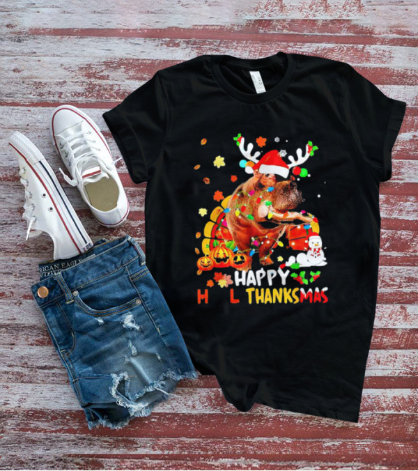 Happy Hallothanksmas Santa Hippopotamus Pumpkin Snowman T-Shirt