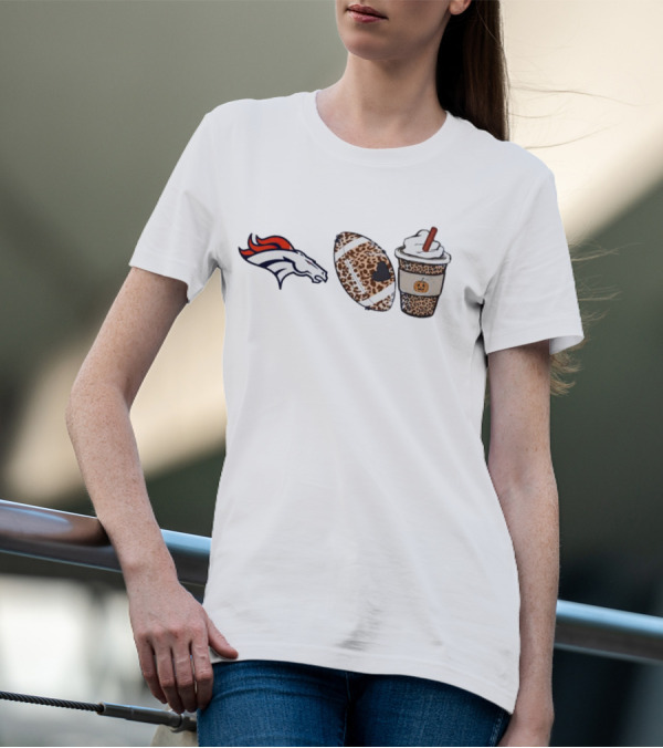 Denver Broncos Fall Season Leopard Theme With Football And Pumpkin Spice Latte T-Shirt