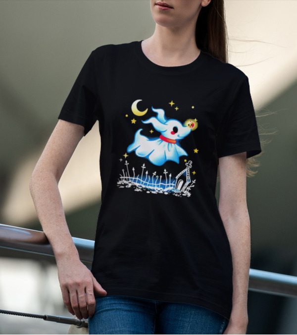 Flying Ghost Dog With Moon And Stars Halloween Scene T-Shirt