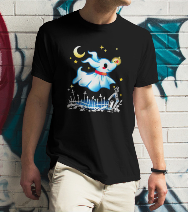 Flying Ghost Dog With Moon And Stars Halloween Scene T-Shirt