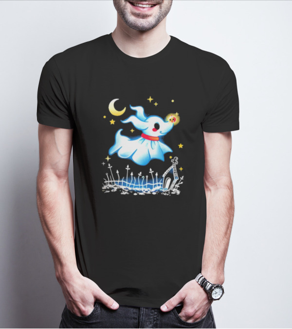 Flying Ghost Dog With Moon And Stars Halloween Scene T-Shirt