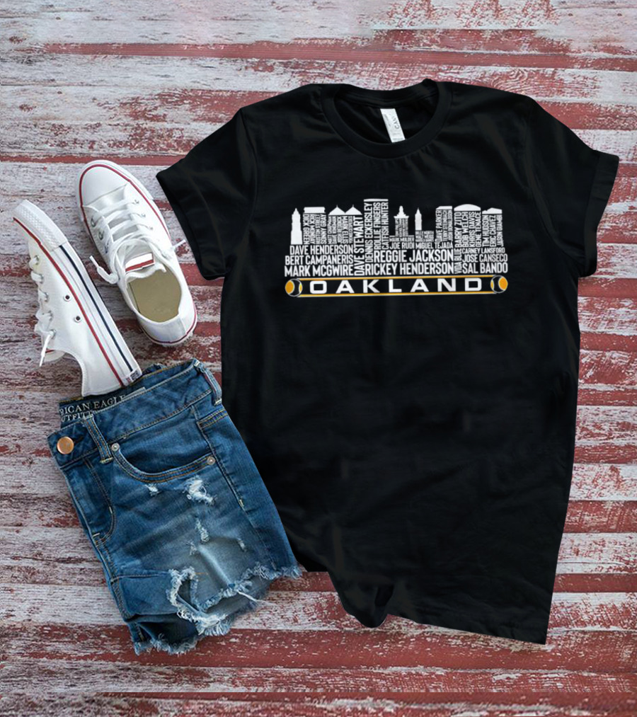Oakland Baseball Skyline With Reggie Jackson Rickey Henderson Player Names T-Shirt