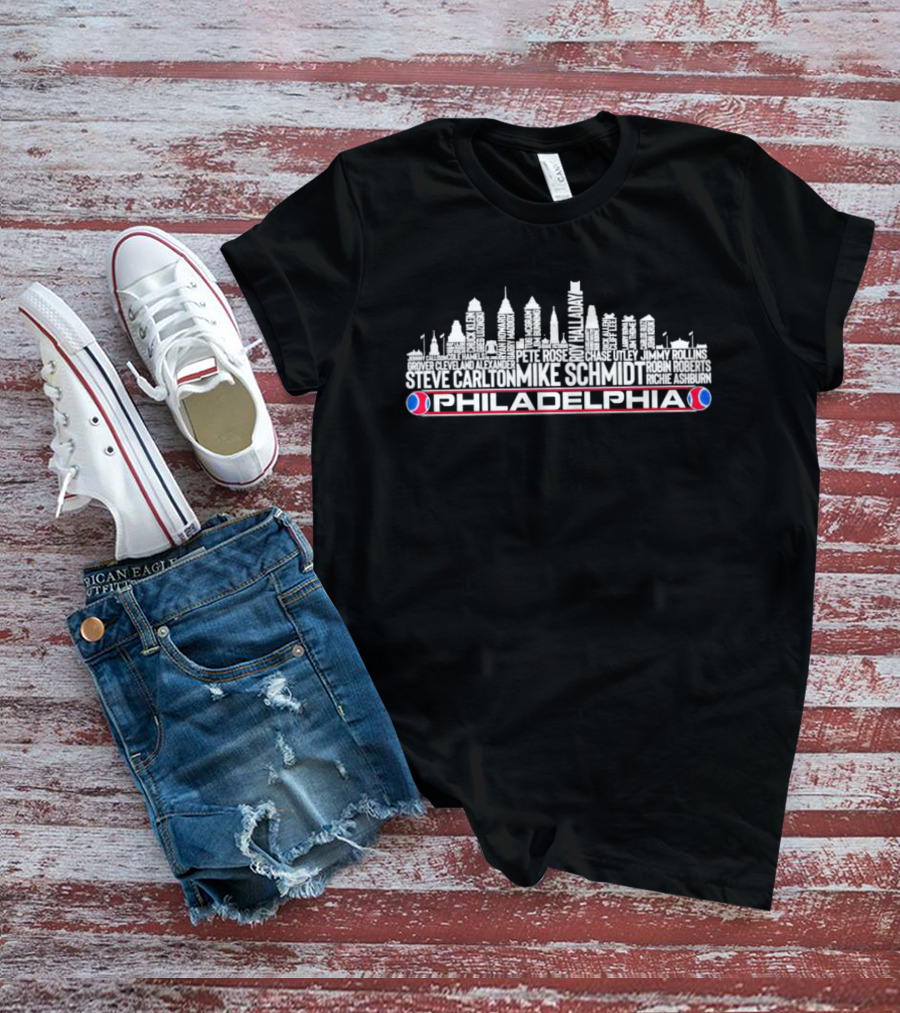 Philadelphia Skyline With Mike Schmidt And Roy Halladay Player Names T-Shirt