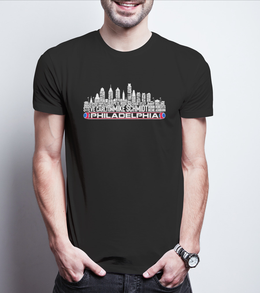 Philadelphia Skyline With Mike Schmidt And Roy Halladay Player Names T-Shirt