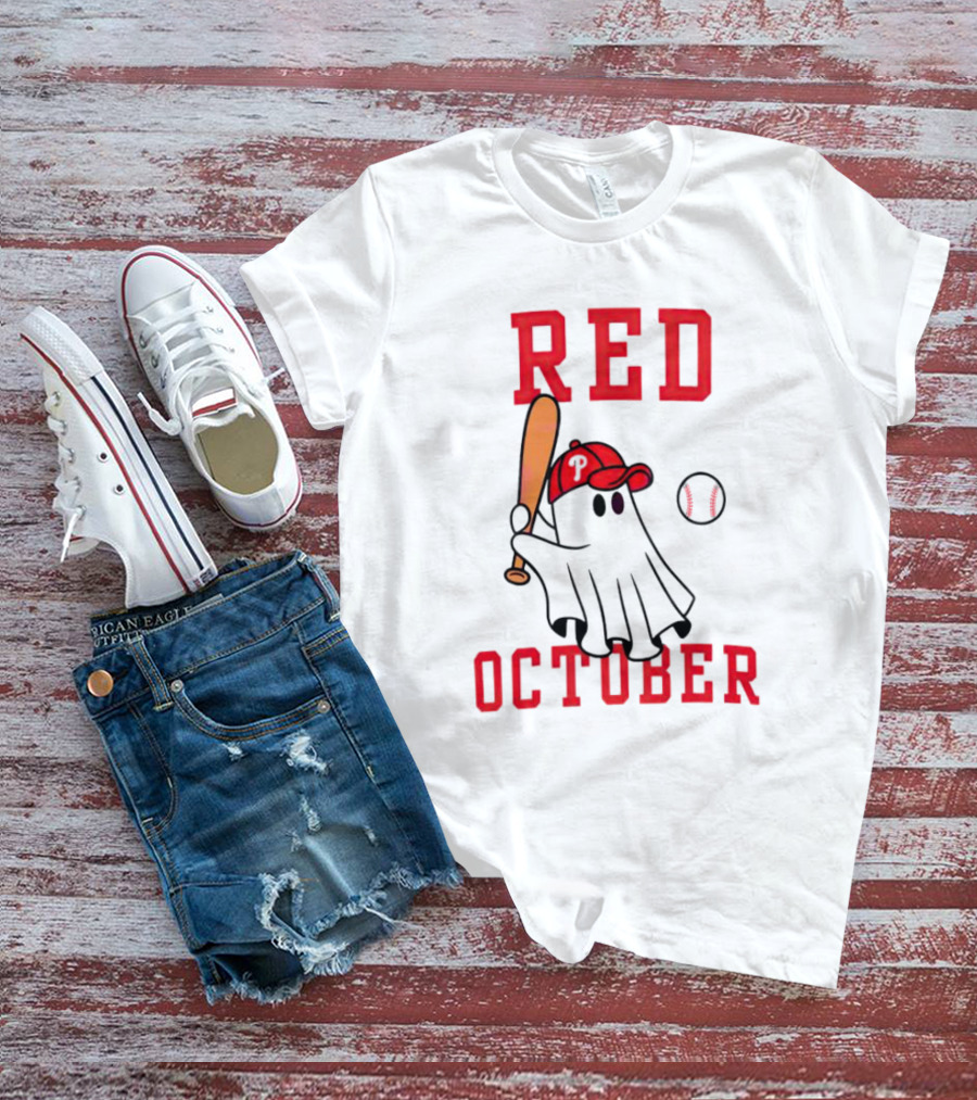 Phillies Red October Ghost Baseball Player In Cap And Bat T-Shirt
