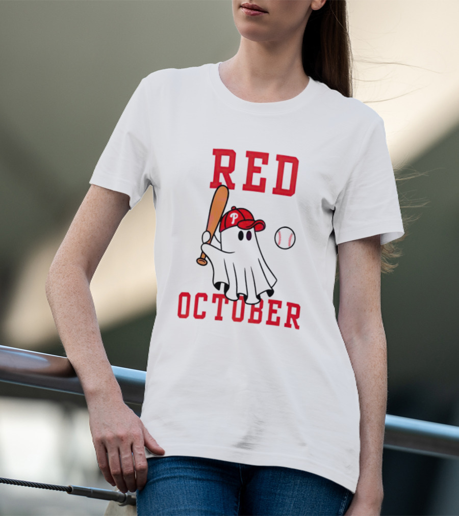 Phillies Red October Ghost Baseball Player In Cap And Bat T-Shirt