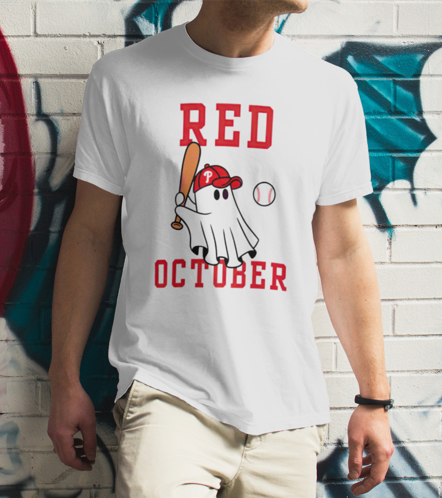 Phillies Red October Ghost Baseball Player In Cap And Bat T-Shirt