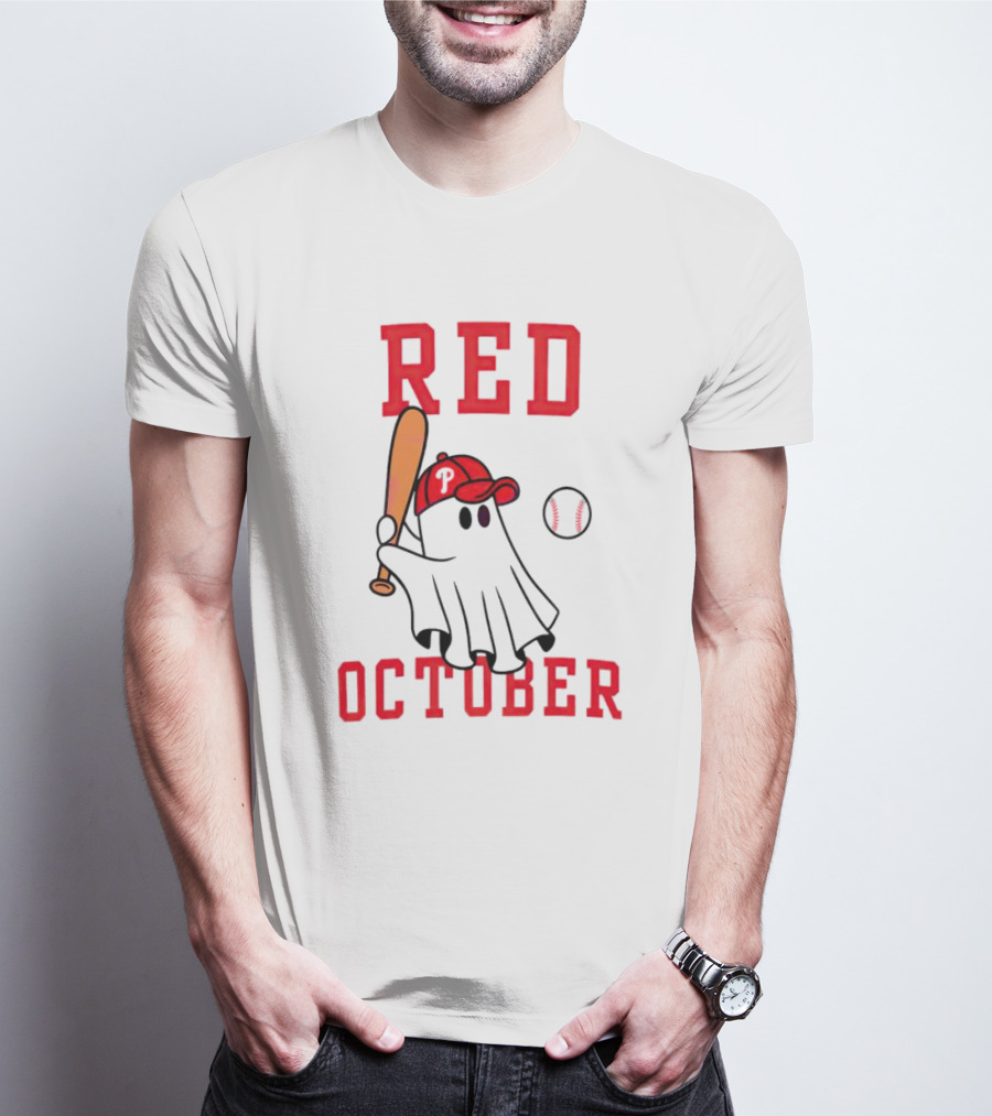 Phillies Red October Ghost Baseball Player In Cap And Bat T-Shirt