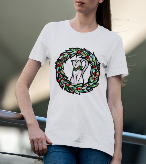 White Cat In Christmas Wreath With Holly And Berries T-Shirt