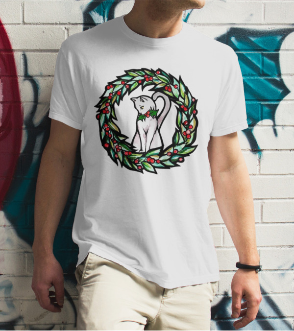 White Cat In Christmas Wreath With Holly And Berries T-Shirt