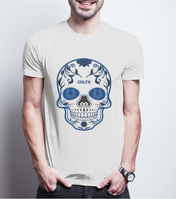 Colts Blue Decorative Skull With Horseshoe Motif T-Shirt