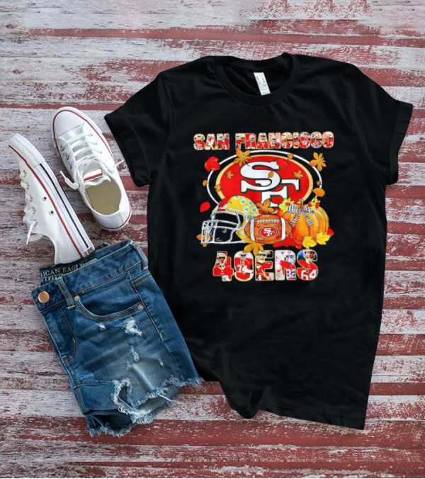San Francisco 49ers Autumn Football With Helmets And Pumpkins T-Shirt
