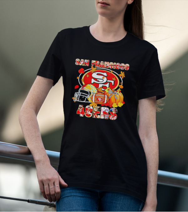 San Francisco 49ers Autumn Football With Helmets And Pumpkins T-Shirt