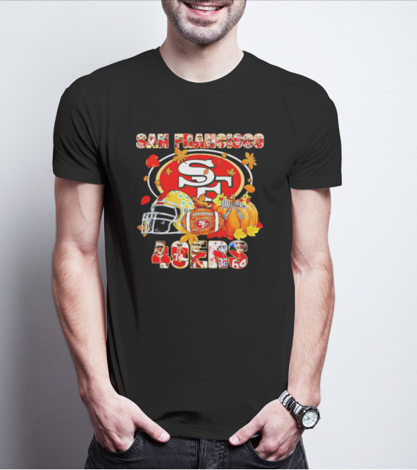 San Francisco 49ers Autumn Football With Helmets And Pumpkins T-Shirt