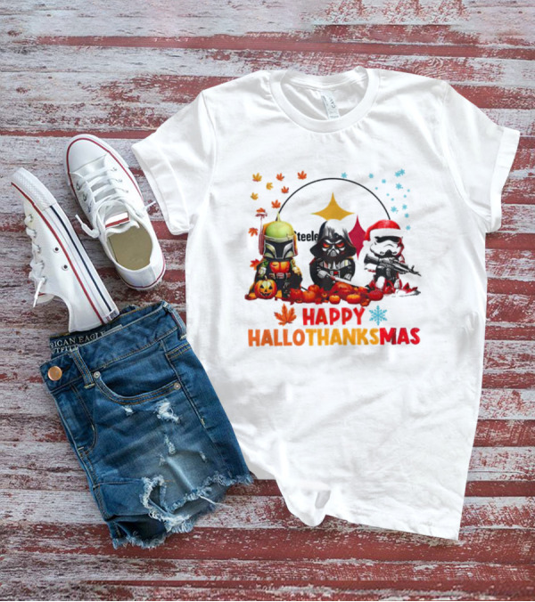Star Wars Chibi Steelers Happy Hallothanksmas Pumpkins Leaves Snowflakes T-Shirt