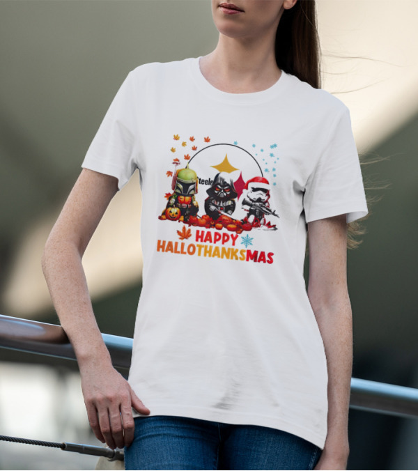 Star Wars Chibi Steelers Happy Hallothanksmas Pumpkins Leaves Snowflakes T-Shirt