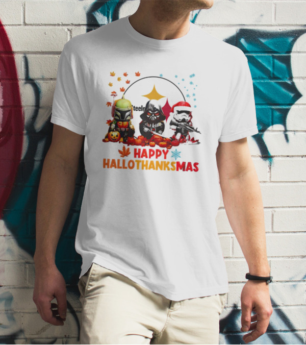 Star Wars Chibi Steelers Happy Hallothanksmas Pumpkins Leaves Snowflakes T-Shirt