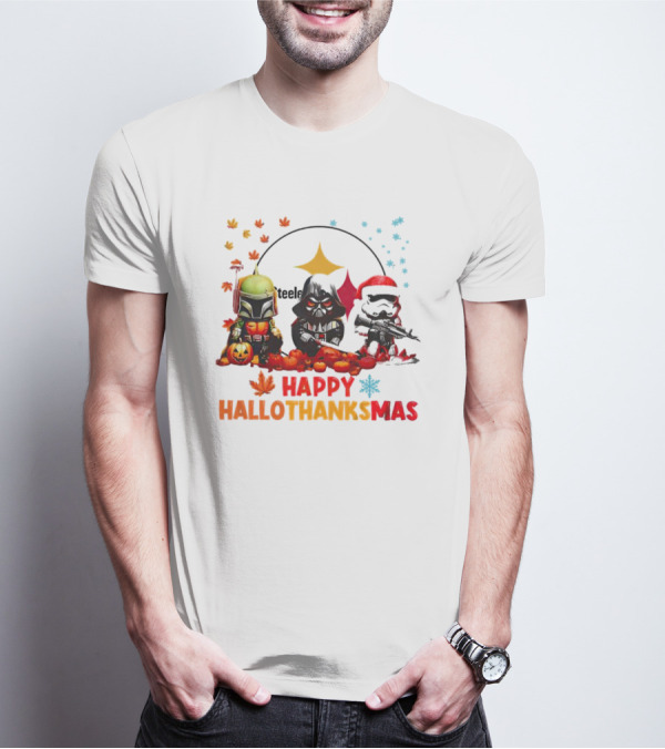 Star Wars Chibi Steelers Happy Hallothanksmas Pumpkins Leaves Snowflakes T-Shirt