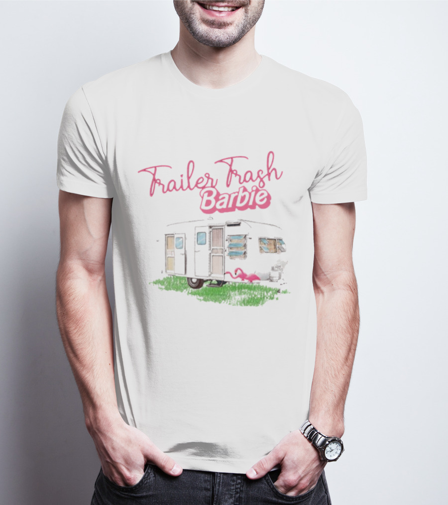 Trailer Trash Barbie Camping Scene With Flamingo And Trailer T-Shirt