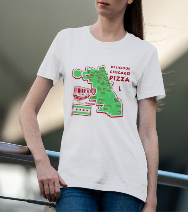 Chicago Map Train Flag Delicious Chicago Pizza T-Shirt